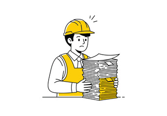 Cartoon builder character wears a safety helmet and holds a papers, representing the construction industry worker