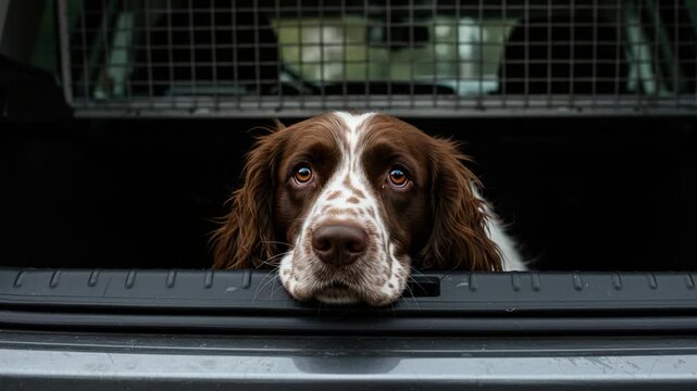 English springer spaniel dog looking out from the back of a car