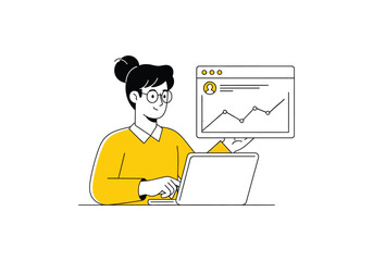 A cartoon businessman with a laptop is working on a concept for a social network web screen illustration