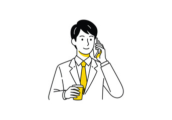 vector illustration of a smiling business man manager in a suit with a coffee and mobile phone in an office