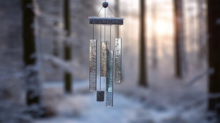 Frost-covered wind chime hanging in snowy winter forest with soft sunlight glowing in the background
