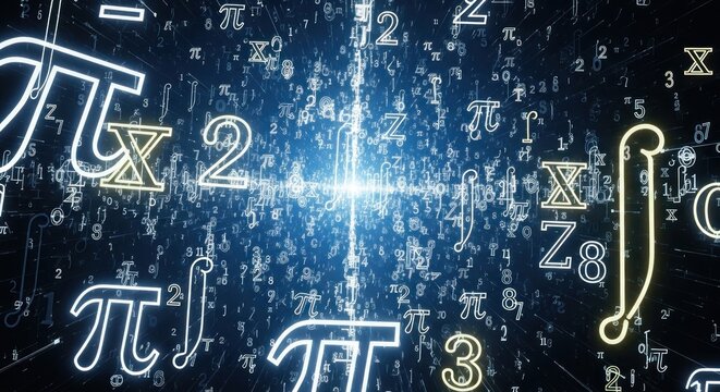 Mathematical symbols and numbers in a digital environment.