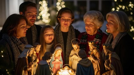 Family gathering in warm candlelight celebrating with nativity scene at christmas