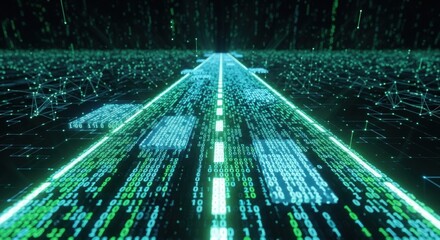 A digital road with binary code and nodes