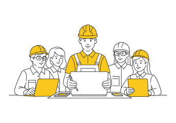 Vector illustration of construction workers with a laptop 