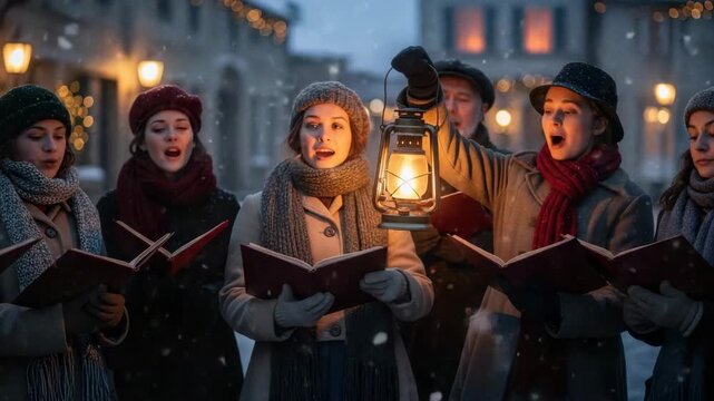 Festive carol singers with lanterns in snowy winter street night scene