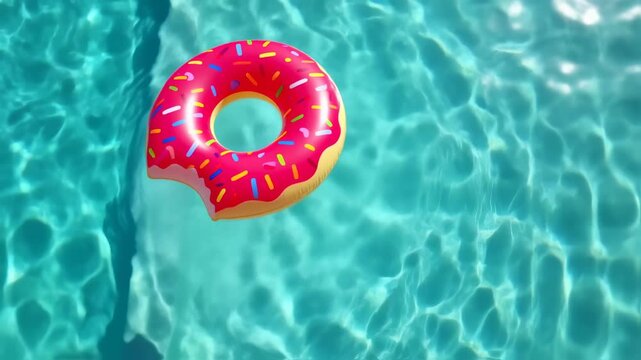 Pink donut-shaped inflatable pool toy floats on a turquoise swimming pool