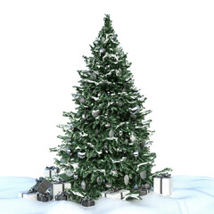 christmas tree in snow a round of gift boxes
