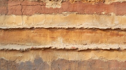 A textured wall shows layers of earth tones and natural materials creating an earthy abstract background.