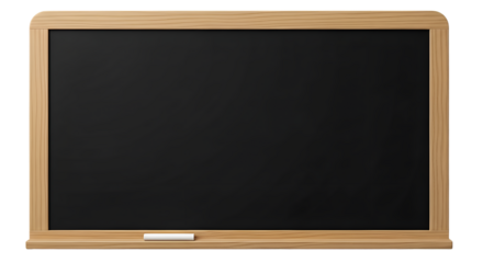 A blank, empty black chalkboard with a wooden frame and a chalk eraser isolated on a transparent background, ready for writing or drawing
