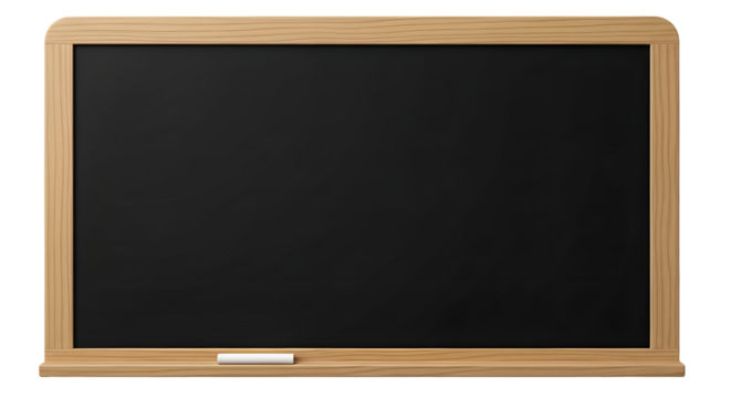 A blank, empty black chalkboard with a wooden frame and a chalk eraser isolated on a transparent background, ready for writing or drawing