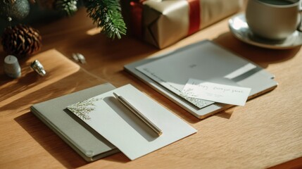 Cozy winter holiday greeting card writing with warm beverages and present,National Letter Writing Day