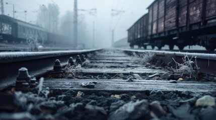Obraz premium Close-up view of frosty railway tracks between abandoned freight trains on a foggy winter day 