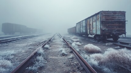 Obraz premium Abandoned freight trains on frosty railway tracks in foggy desolate winter landscape 