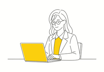 young woman working on her laptop at a desk, smiling with success