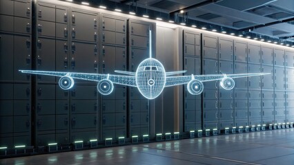 A futuristic depiction of a holographic airplane projected against a sleek, modern wall, showcasing advanced technology in aviation.