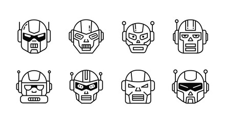 Collection of retro robot heads and sci-fi character faces with futuristic helmets and antennas vector