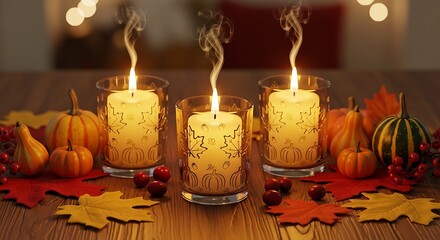 Burning candles display with pumpkins and autumn leaves for fall season