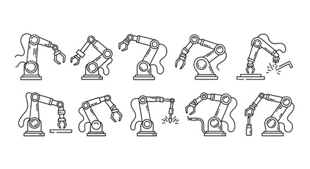 Collection of industrial robotic arms in various poses for automation and manufacturing vector