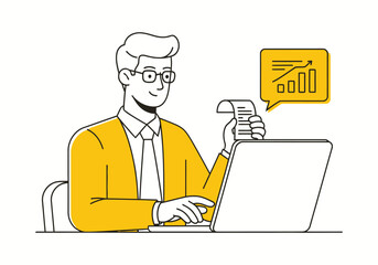 Business person working on laptop computer at office desk vector illustration