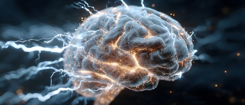 Glowing human brain experiences electrical impulses and neural activity.