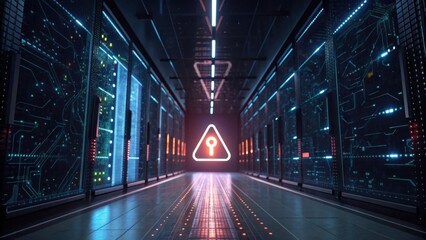 A futuristic server room corridor with glowing data panels and a prominent warning sign, creating an atmosphere of advanced technology and security.