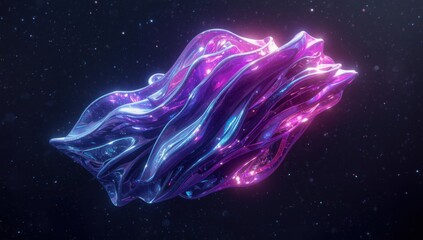 Abstract iridescent shape with a metallic sheen on a dark starry background