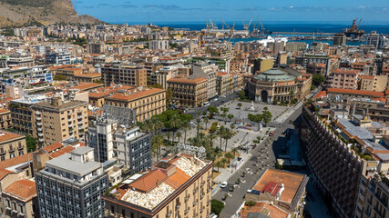 Naklejka premium Aerial view of Politeama Theatre, complete name Teatro Politeama Garibaldi. It is a theatre of Palermo, Sicliy, Italy. It is located in the central Piazza Ruggero Settimo, historic center of the city.