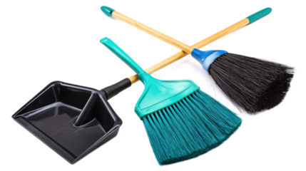 Cleaning tools set with broom, dustpan, and whisk broom for efficient home or office cleaning tasks and maintenance solutions