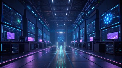A futuristic data center with glowing screens and pathways, showcasing advanced technology and a high-tech environment.
