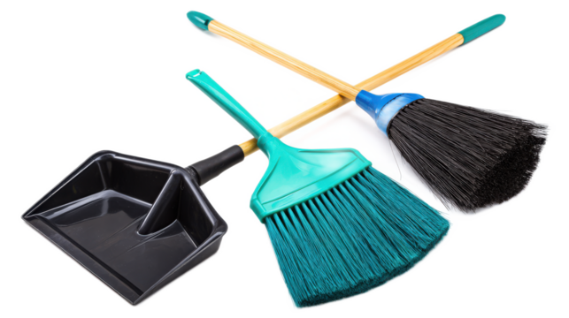 Cleaning tools set with broom, dustpan, and whisk broom for efficient home or office cleaning tasks and maintenance solutions