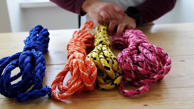 Colorful ropes of different shades on a wooden surface. Hands are visible