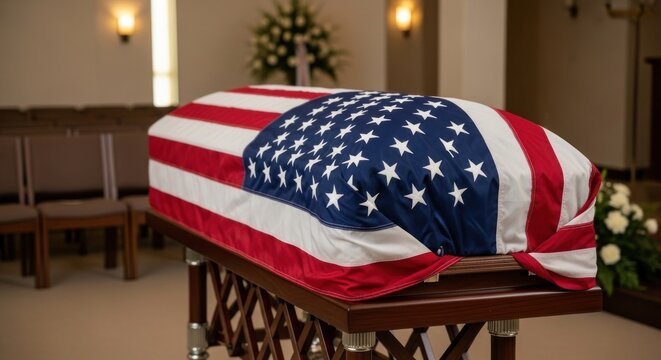 A casket with an American flag draped over it in a funeral setting.