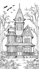 Haunted house halloween coloring page for kids, printable 11x8.5 inch
