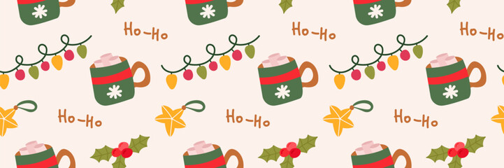 Naklejka premium Christmas seamless pattern with mugs, holly, and festive lights. Cozy winter holiday vector background.