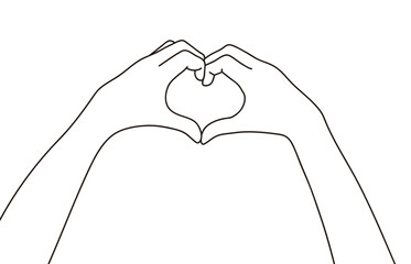 Minimalist line illustration of hands making a heart shape symbolizing love.
