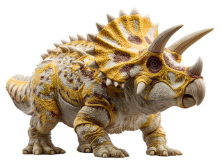 Fototapeta premium An impressively detailed Triceratops dinosaur toy stands isolated against a clean white background, showcasing its yellow and brown colors well.