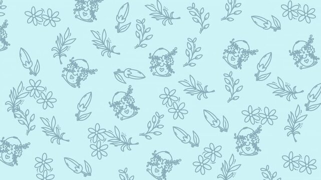 Floral pattern doodles on pastel background suitable for invitations, stationery, and springthemed designs with flowers, leaves, potted elements.