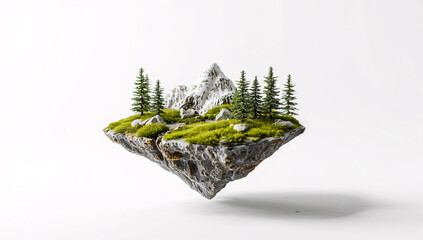 A small floating island with green grass, rocky edges, and tall trees sits in the air