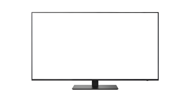 A modern flatscreen television with a blank white screen, isolated on a transparent background, perfect for showcasing content