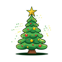 Festive Christmas tree with colorful ornaments and a bright star on top, cartoon style.