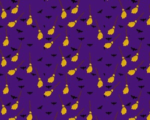 Violet purple Midnight Bat and Broomstick Wallpaper Tile