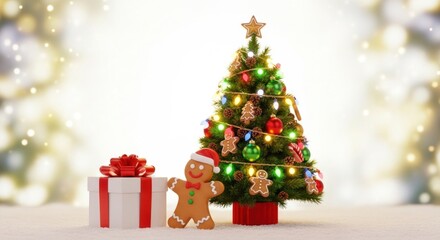 Obraz premium A Christmas tree with gingerbread cookies and presents in front of it.