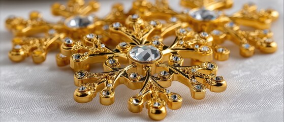 Golden snowflake ornaments with sparkling details resting on a soft background, perfect for holiday decoration and festive occasions