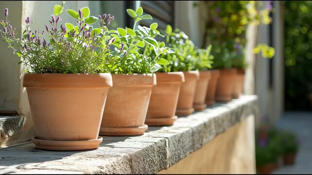 Fresh culinary herbs growing in terracotta pots lined up on a rustic stone window sill in bright summer sunlight.