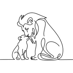Fototapeta premium Minimalist continuous line art of a loving lion and cub nuzzling, symbolizing family bond, care, and protection in the wild.