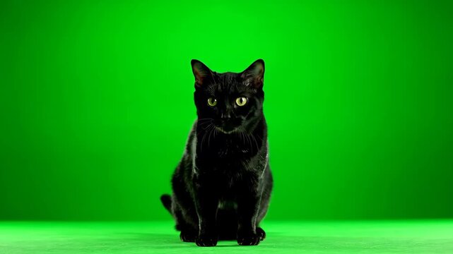 A black cat sits on a green floor against a green background looking directly at the camera with yellow eyes in a studio setting.