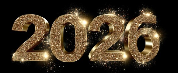 Golden numbers representing the year 2026 with sparkling effects in a dark background during New Year celebrations