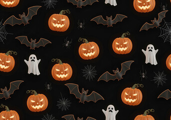A premium 3D seamless Halloween pattern featuring pumpkins, bats, ghosts, and spider webs, perfect for packaging, wallpapers, Ai Generate.