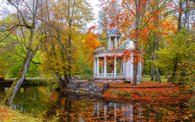 Late autumn in old public park and abandoned resting pergola